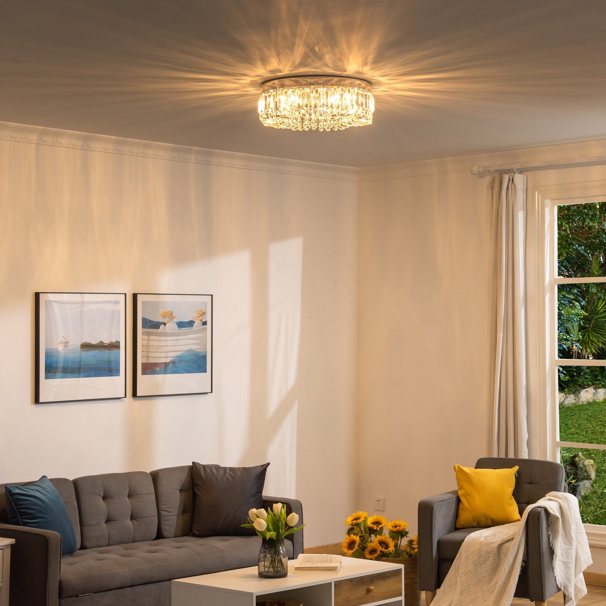 Modern homcom crystal ceiling light with glass beads and stainless steel in silver casting a warm radiant glow