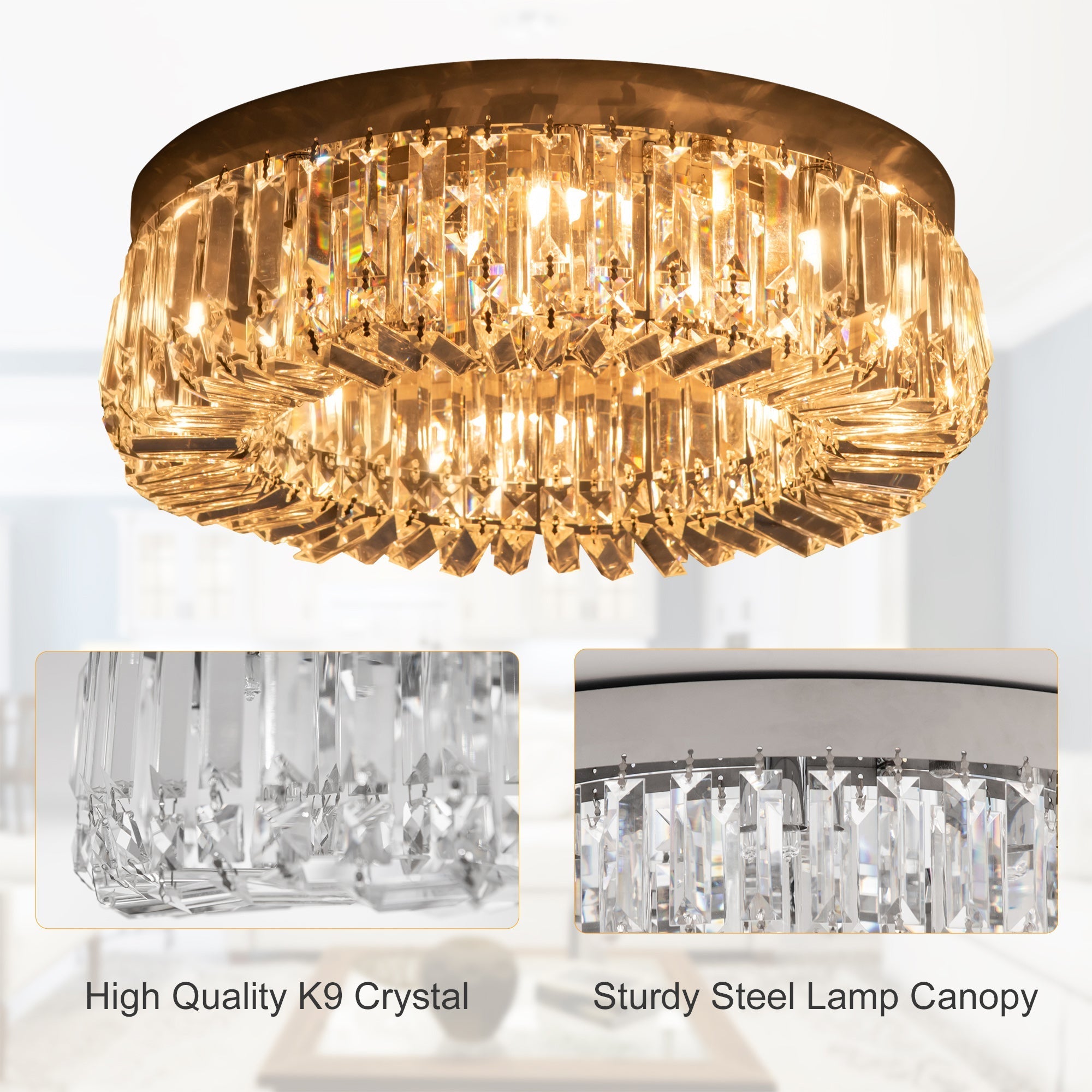 Modern homcom crystal ceiling light with gold metal frame and cascading clear k9 crystal glass beads for living room