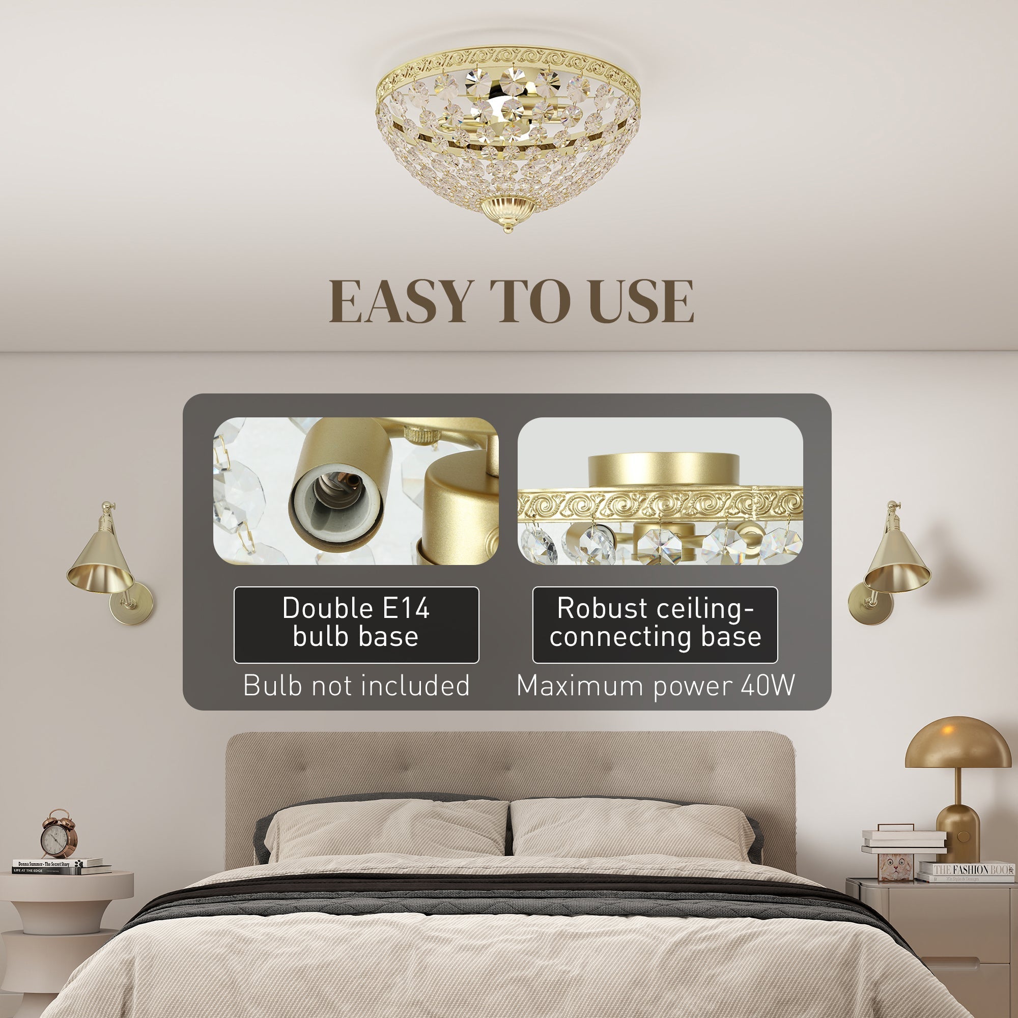 Gold tone chandelier ceiling light with 168 crystal beads and ornate metal frame for living room or hallway ceiling light