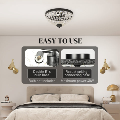 Homcom crystal chandelier ceiling light with black metal frame and clear octagonal beads for living room or bedroom