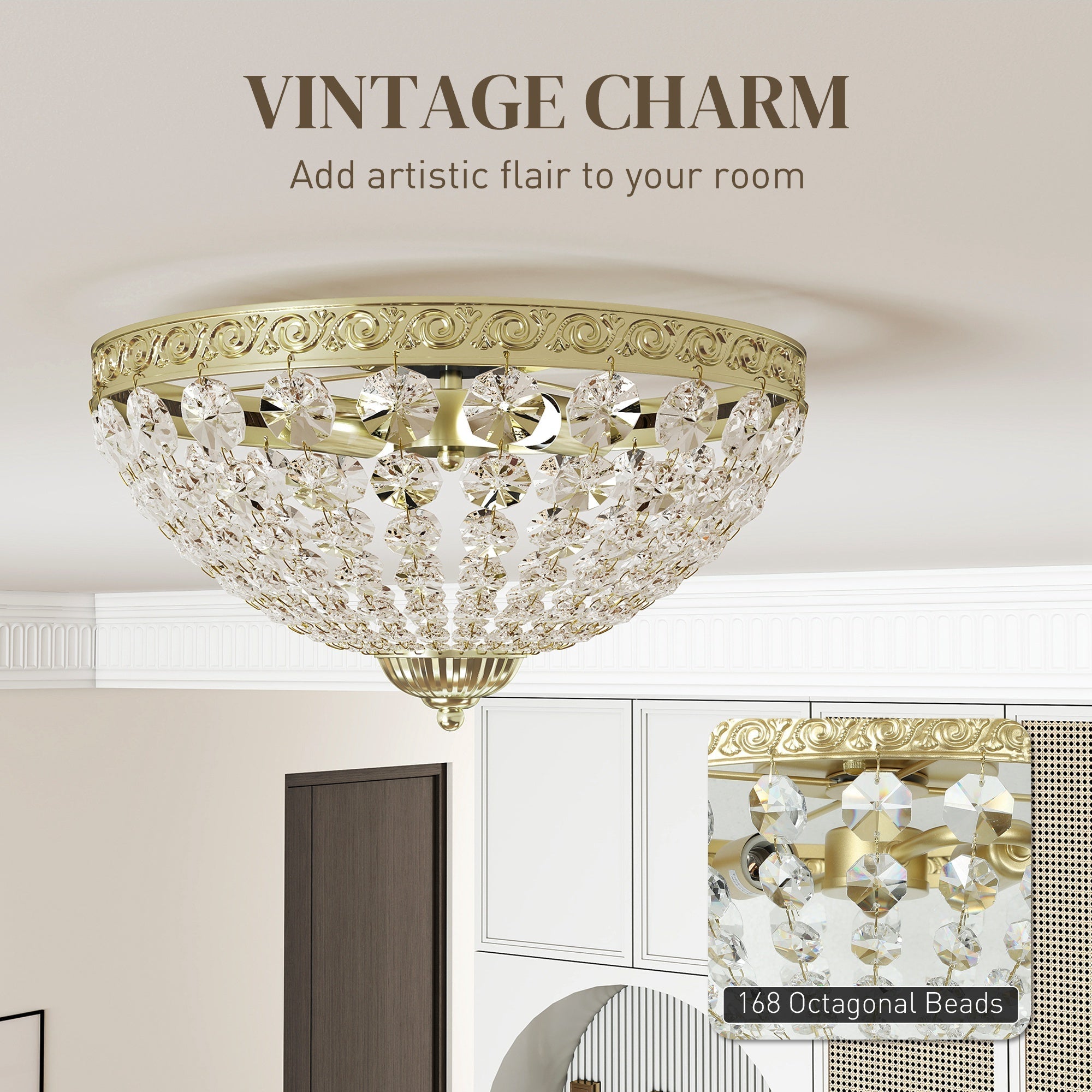 Gold tone HOMCOM chandelier ceiling light with 168 clear octagonal crystal beads for living room or bedroom ceiling light