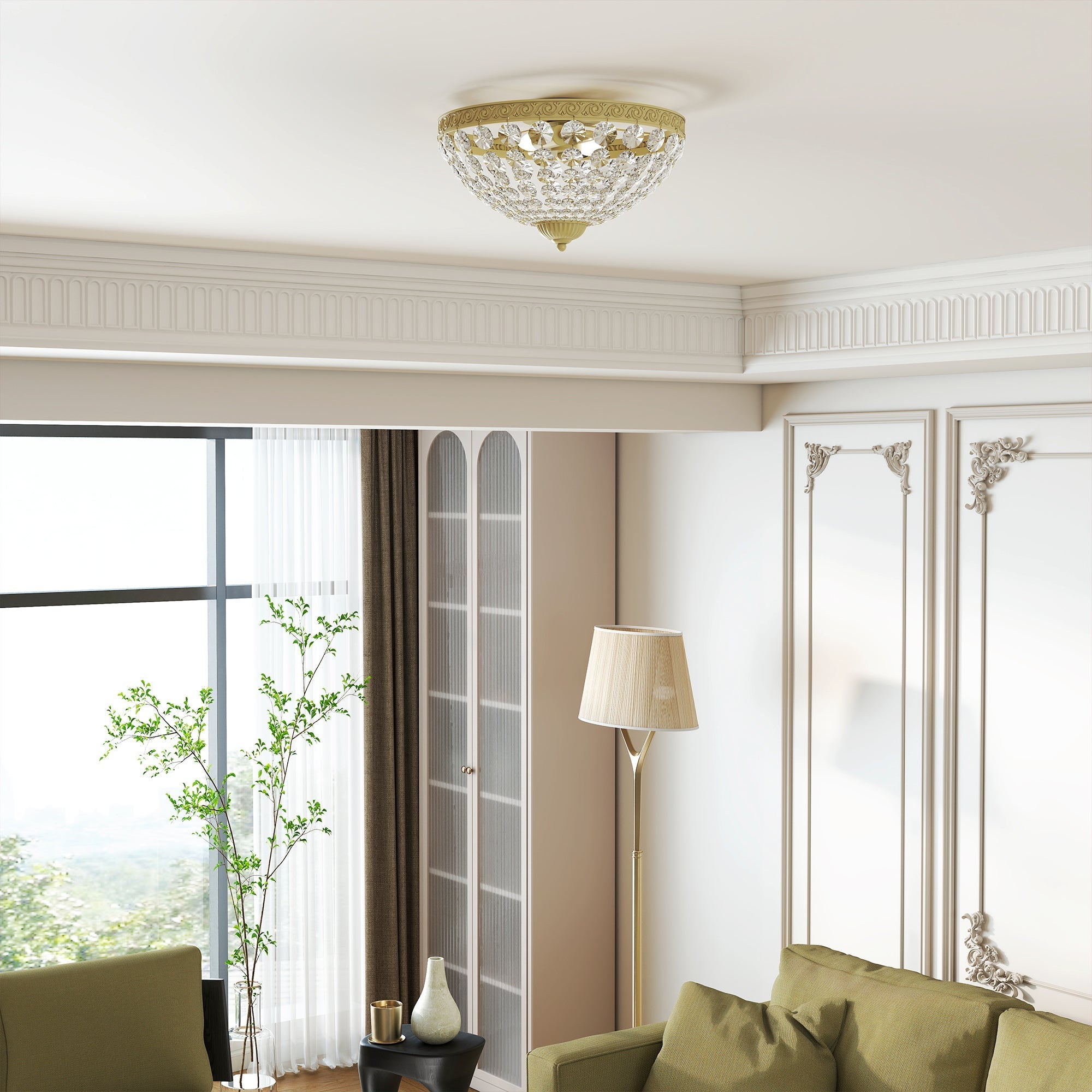 Gold tone chandelier ceiling light with 168 crystal beads and classic bowl shape for living room or bedroom ceiling light