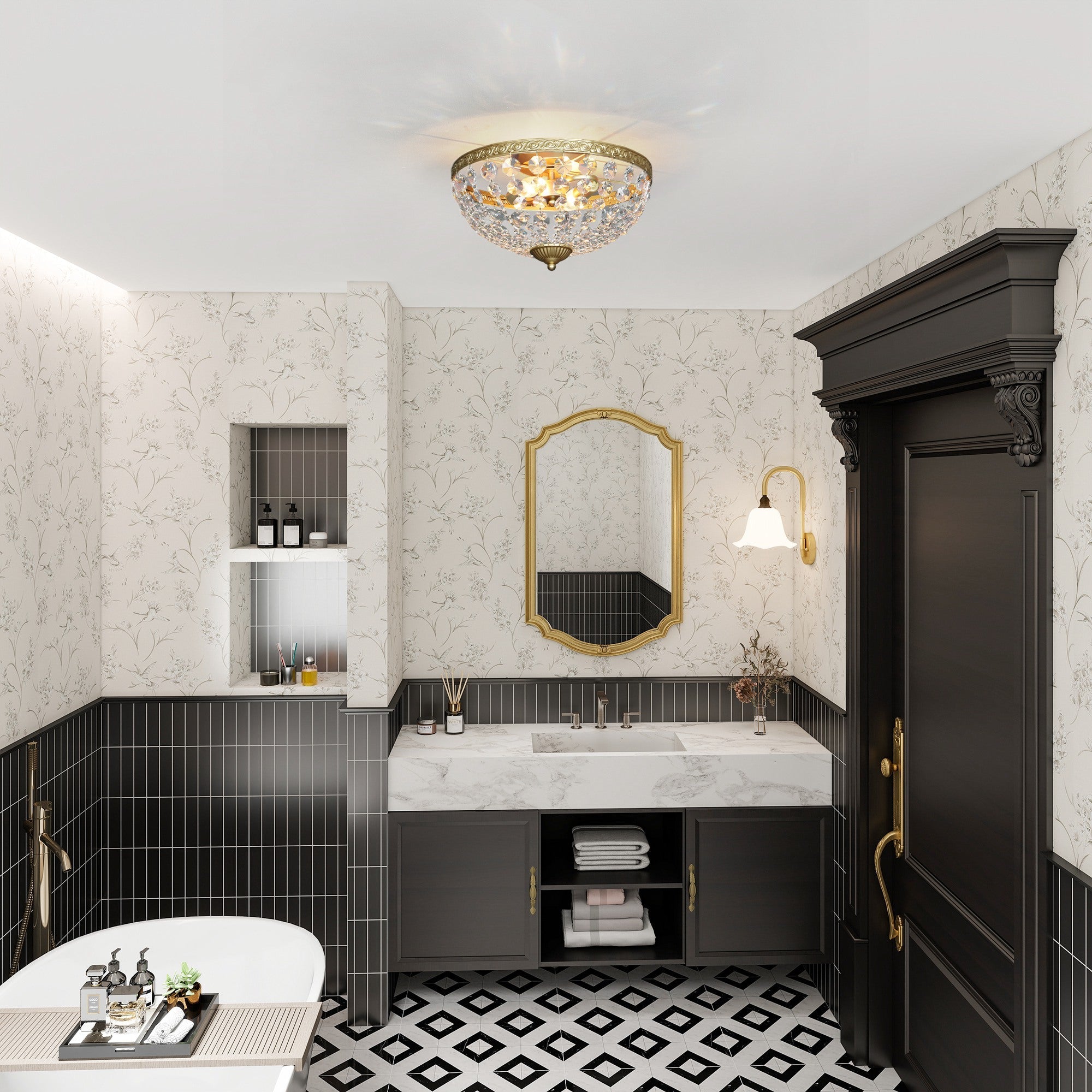 Crystalline chandelier ceiling light with 168 octagonal beads in gold tone glowing warmly for living spaces