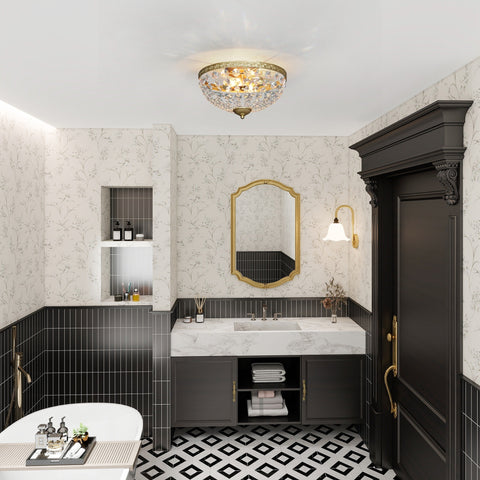 Crystalline chandelier ceiling light with 168 octagonal beads in gold tone glowing warmly for living spaces