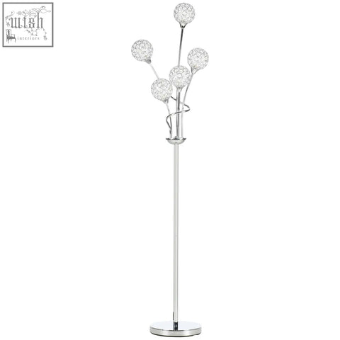 Chrome finished homcom floor lamp with 5 crystal encrusted shades and sleek metal frame for living room and bedroom
