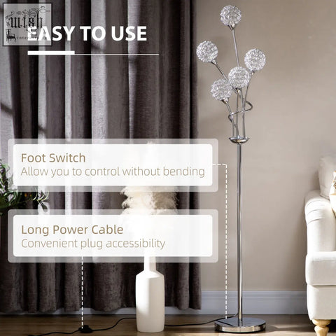 Silver homcom crystal floor lamp with sleek metal frame and five crystal ball shades for living room or bedroom