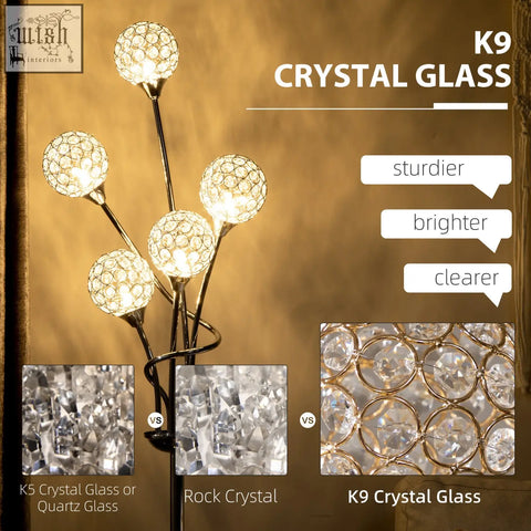 Homcom crystal floor lamp with five glowing crystallite beads on a sleek metal frame perfect for living rooms
