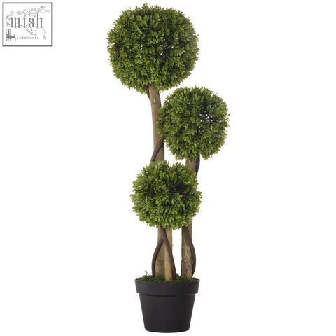 Artificial three-tiered homcom boxwood tree with lush faux grass foliage and twisted stems in sleek black pot