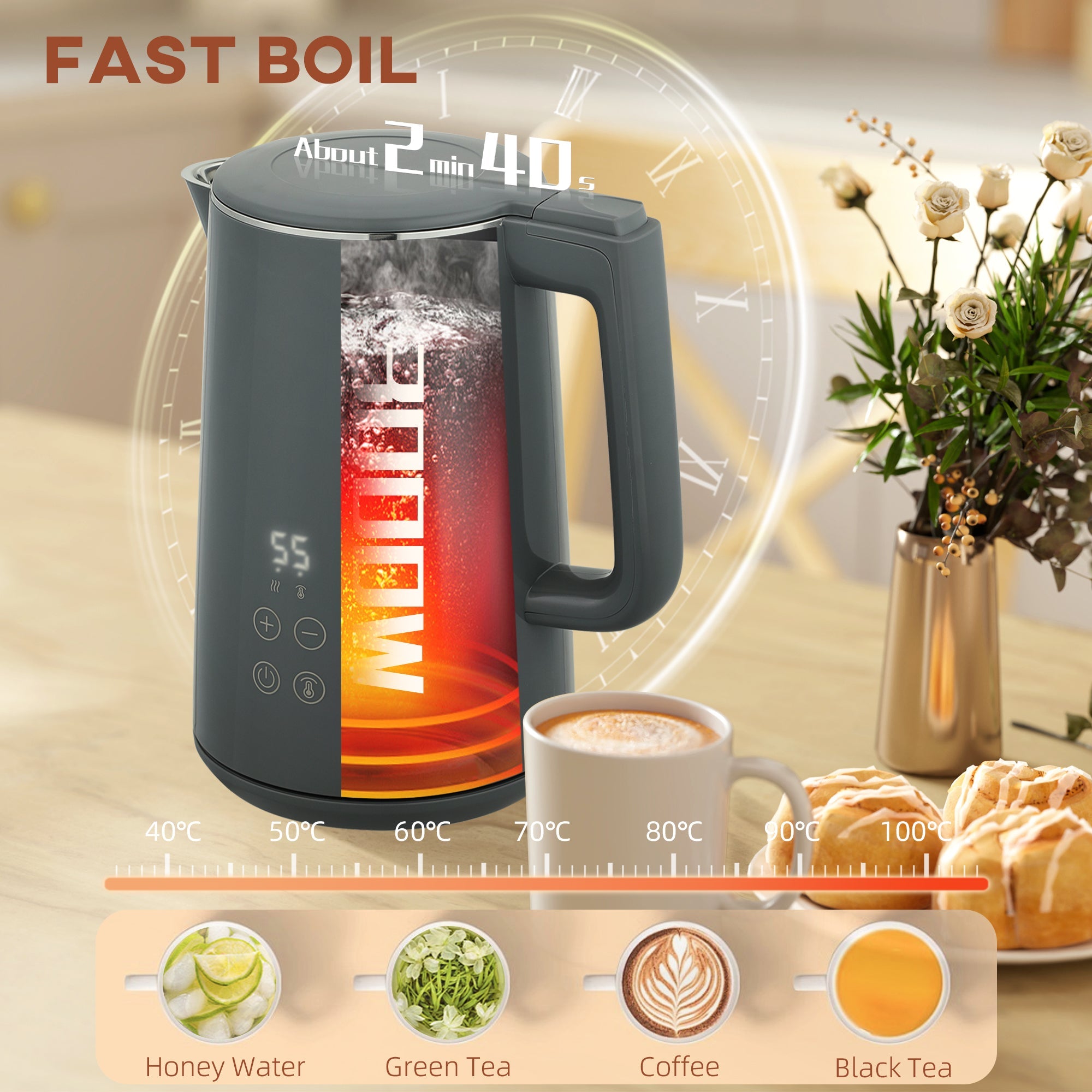 Dark gray homcom digital kettle with glass body and red-orange liquid, part of stainless steel toaster set with slice toaster