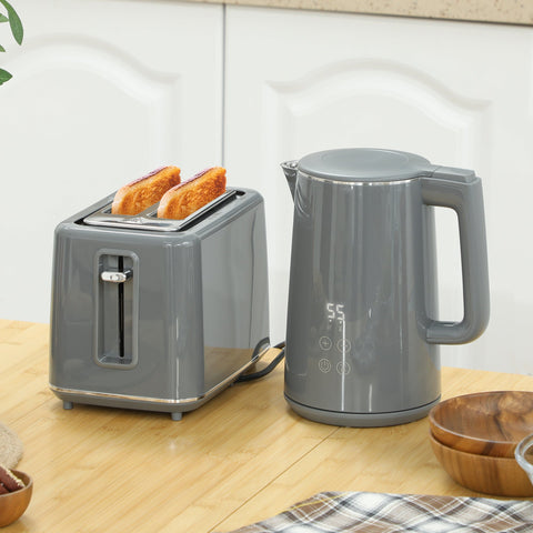 Gray homcom digital electric kettle with LED display and stainless steel 2 slice toaster set for fast boil and browning