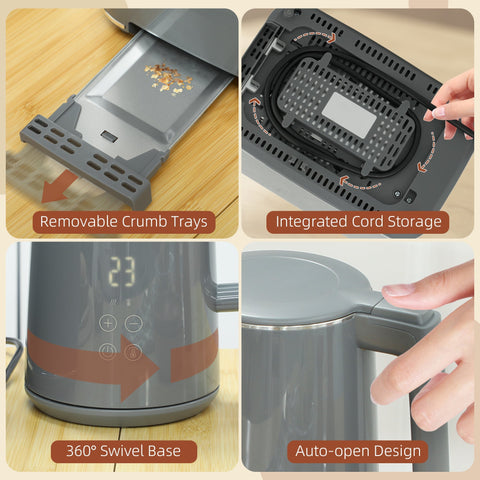 Gray stainless steel homcom digital kettle with sleek design and led display in toaster set with slice toaster