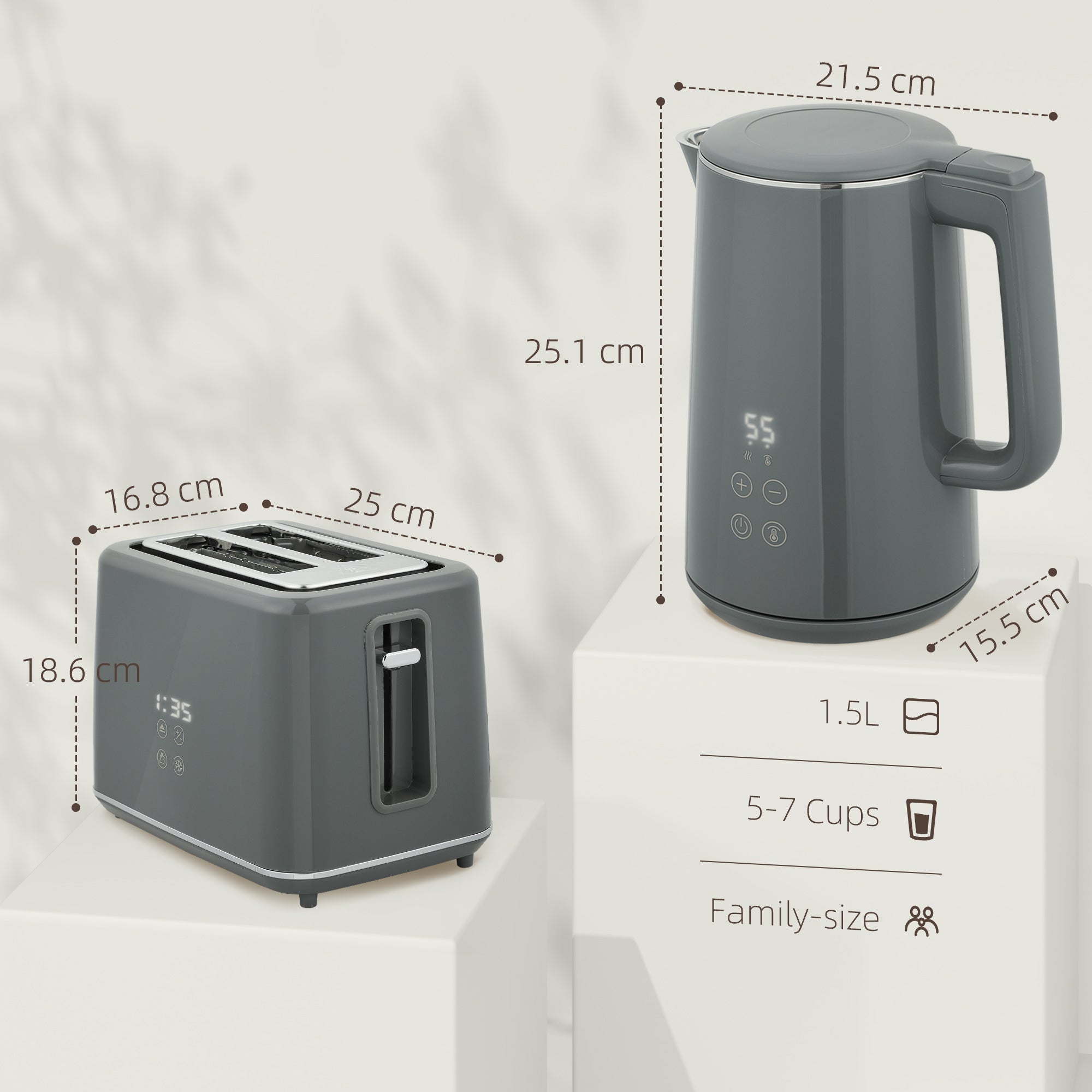 Gray homcom digital kettle with led display and stainless steel slice toaster set with 7 browning controls