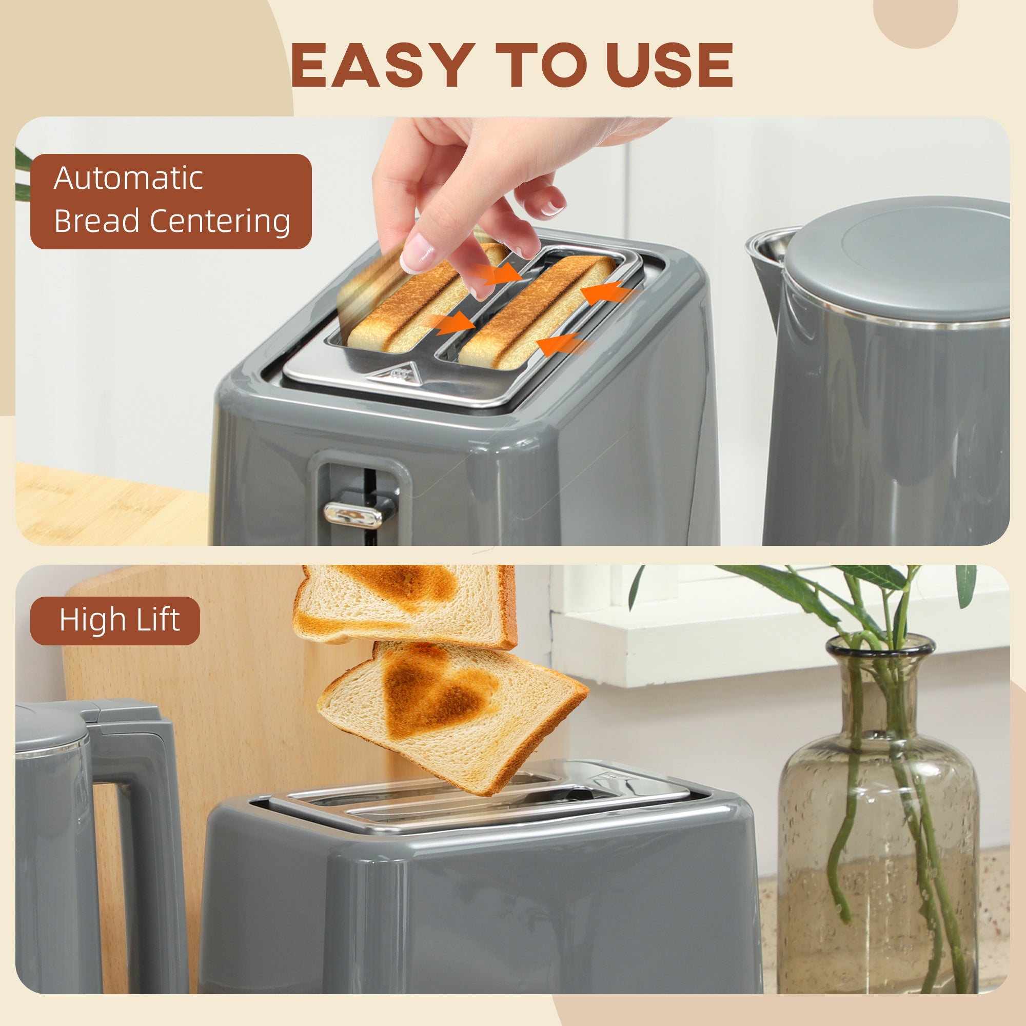 Gray stainless steel slice toaster with automatic bread centering and high lift feature in homemoc toaster set