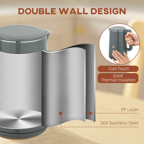 Gray stainless steel HOMCOM digital electric kettle with double wall insulation in toaster set with 2 slice toaster