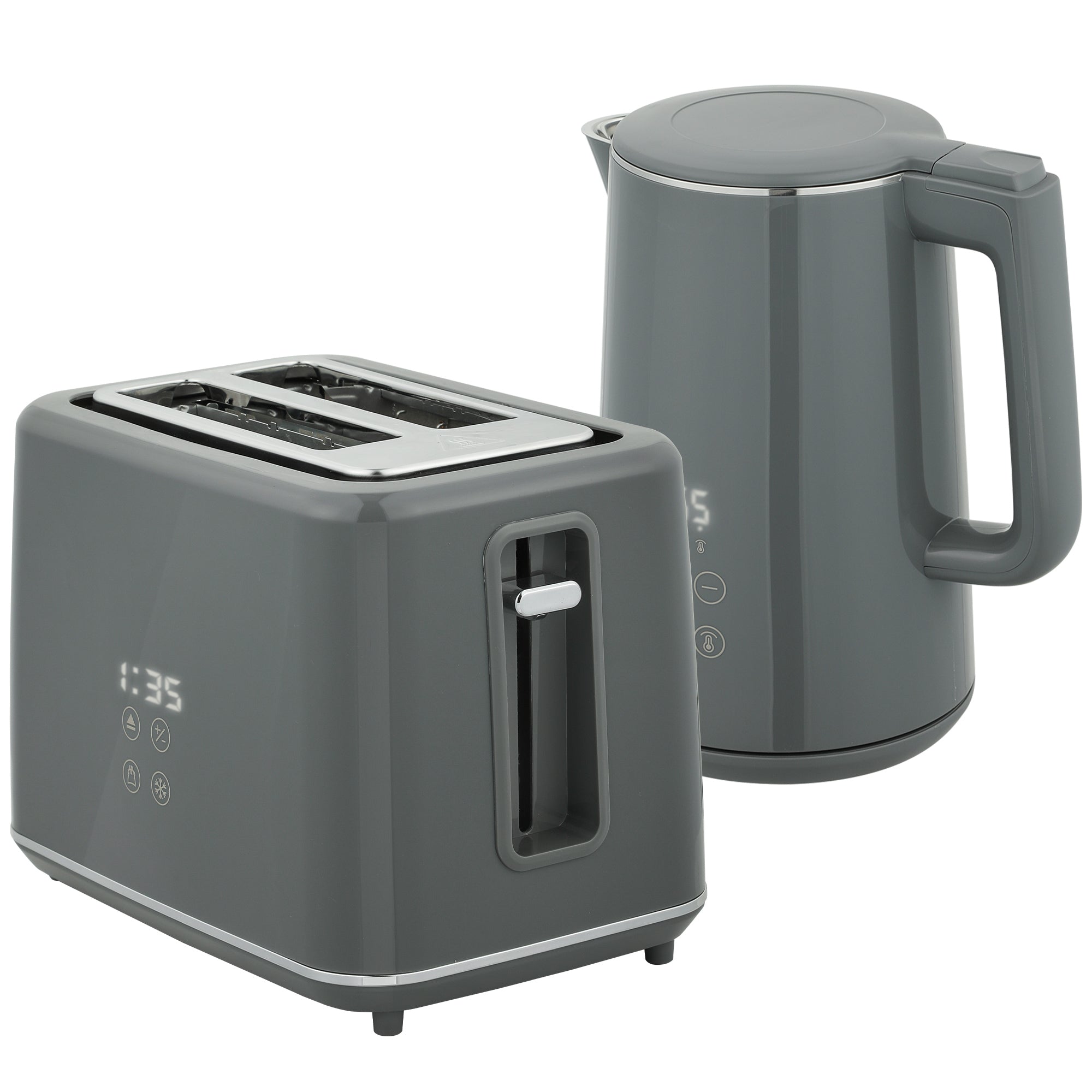 Modern gray toaster set with stainless steel slots and digital display paired with matching electric kettle
