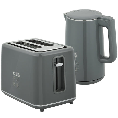 Modern gray toaster set with stainless steel slots and digital display paired with matching electric kettle