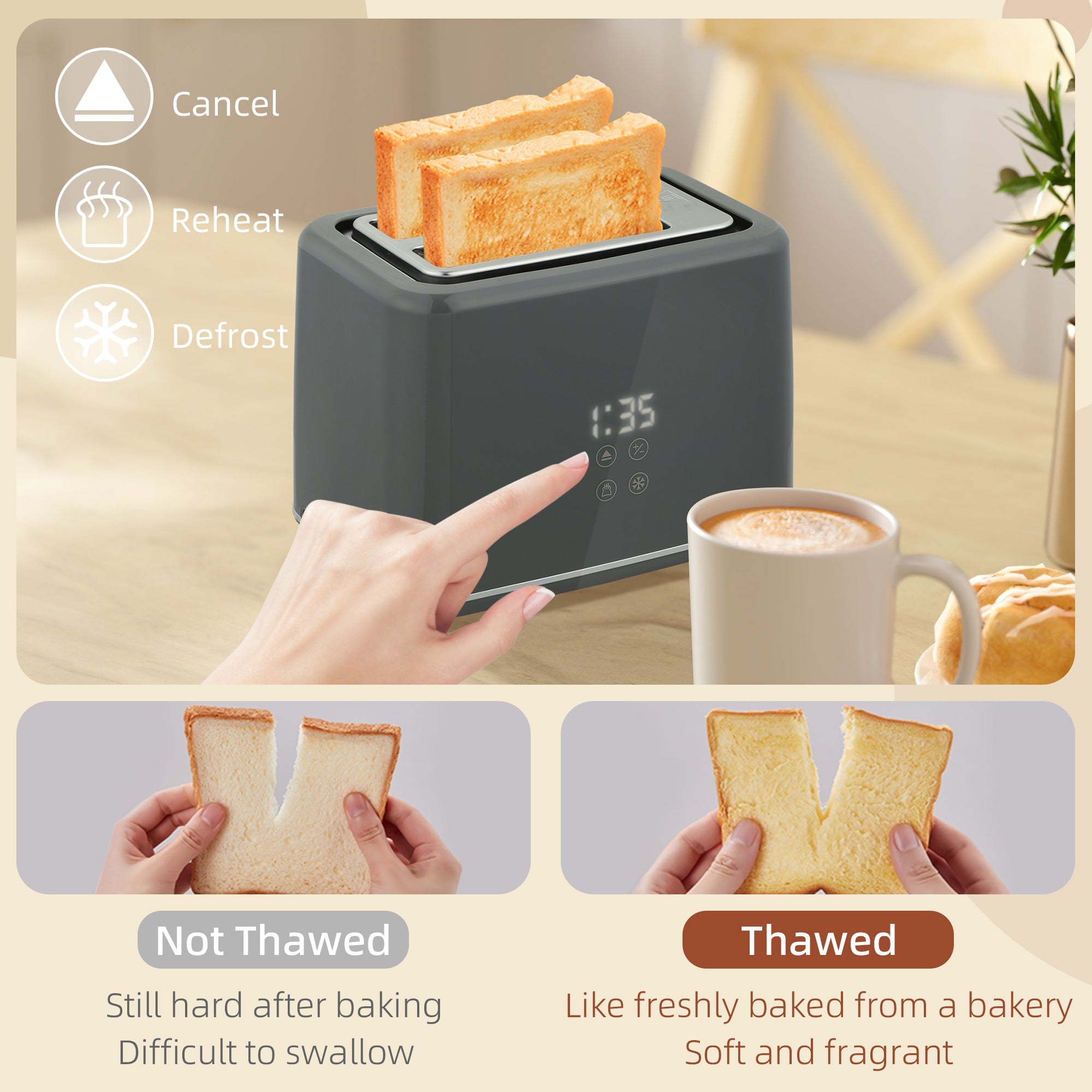 Modern gray stainless steel slice toaster with 7 browning levels and LED touch display in homcom toaster set
