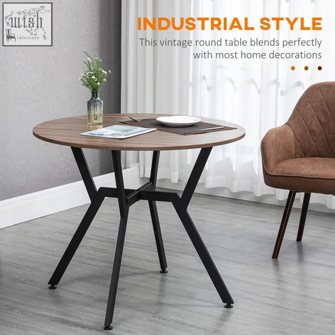 Industrial style homcom dining room round table with wood grain top black legs and anti slip foot pads brown