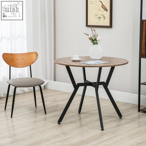 Round wooden homcom dining room table with black metal legs and anti slip foot pads in brown for living room
