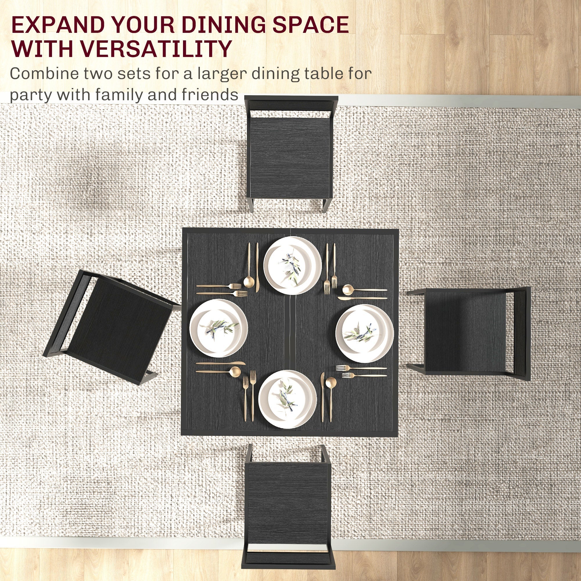 Black rectangular kitchen table with steel frame and mdf panels set with white leaf design plates and gold cutlery