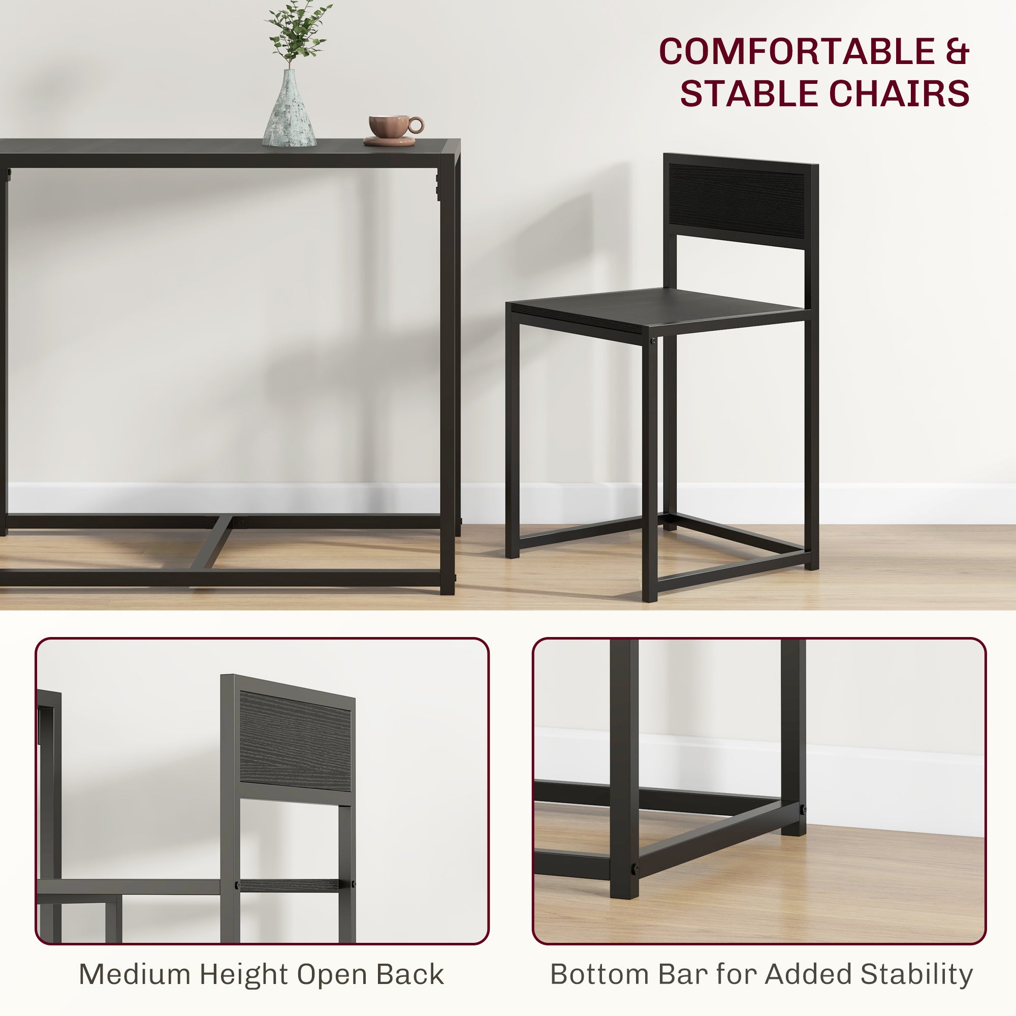 Black metal kitchen chair with medium height open back and steel frame from homcom dining table set for compact kitchens