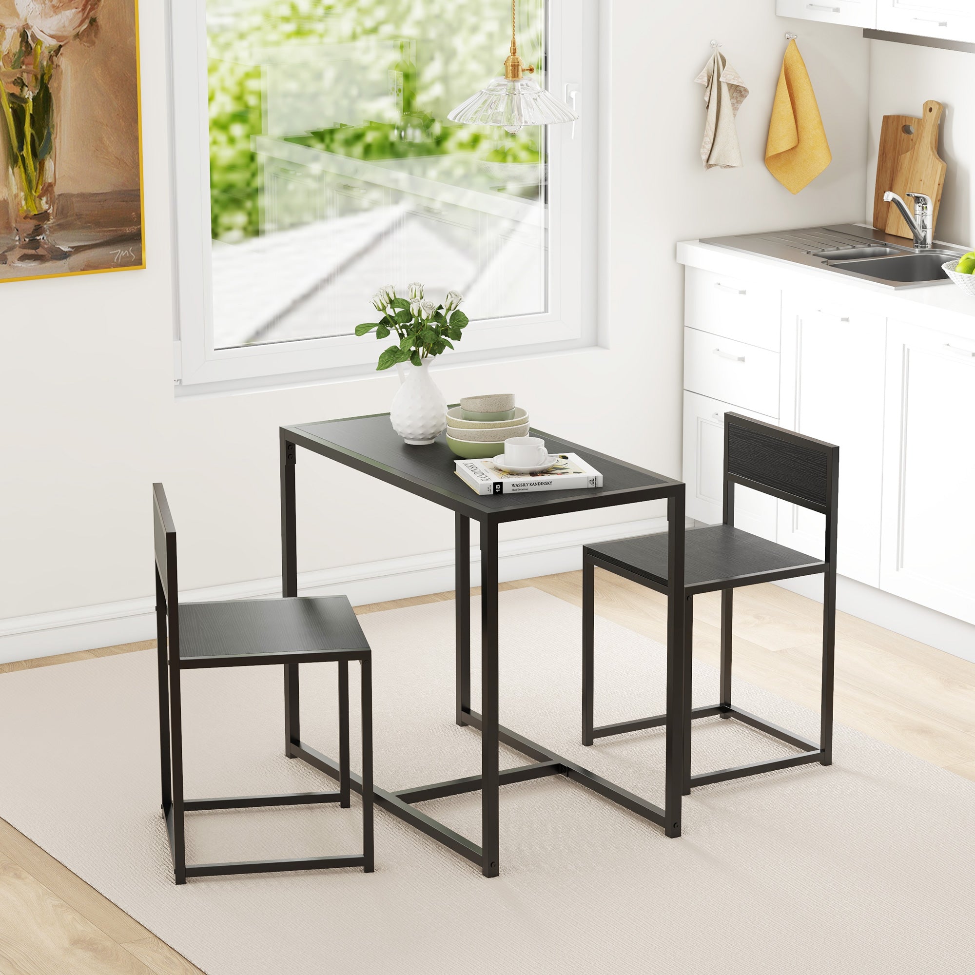 Black metal dining set with rectangular mdf panels table and two matching chairs with steel frame for kitchen table