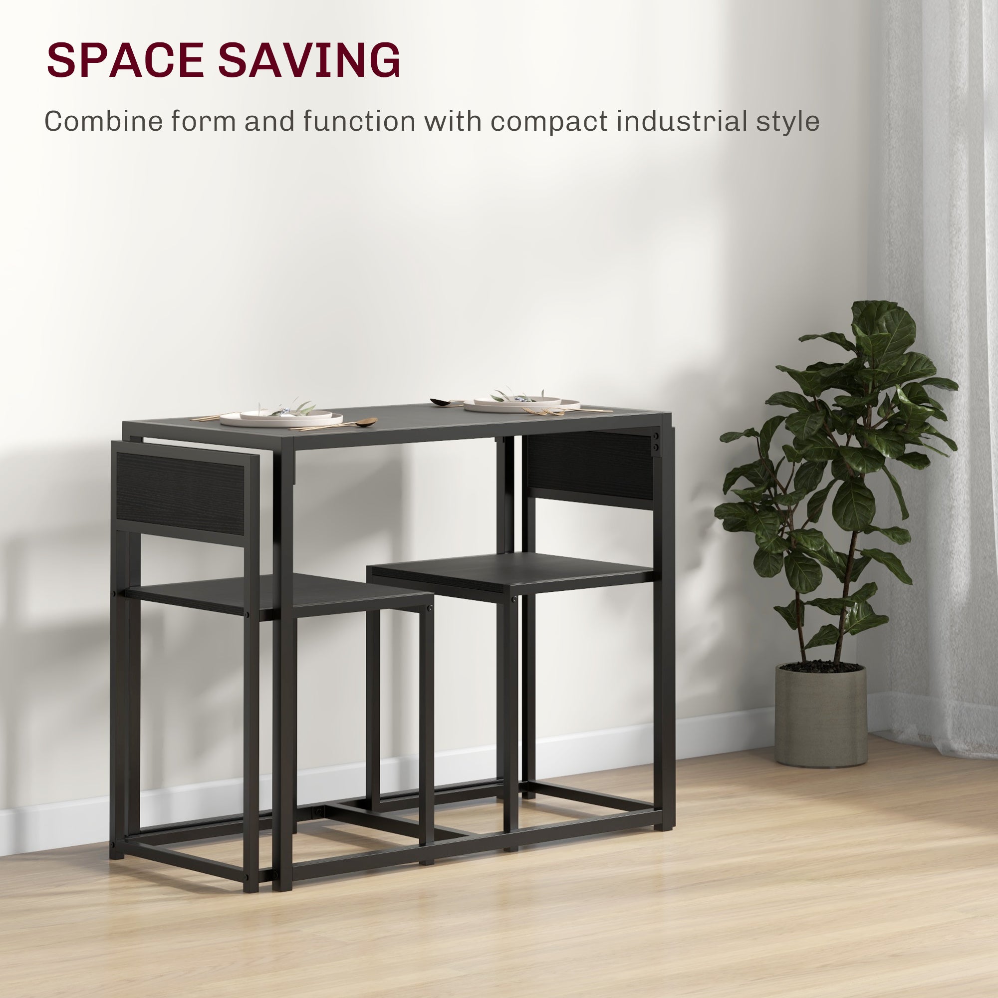 Black industrial-style kitchen table and stools set with steel frame and mdf panels for compact kitchens