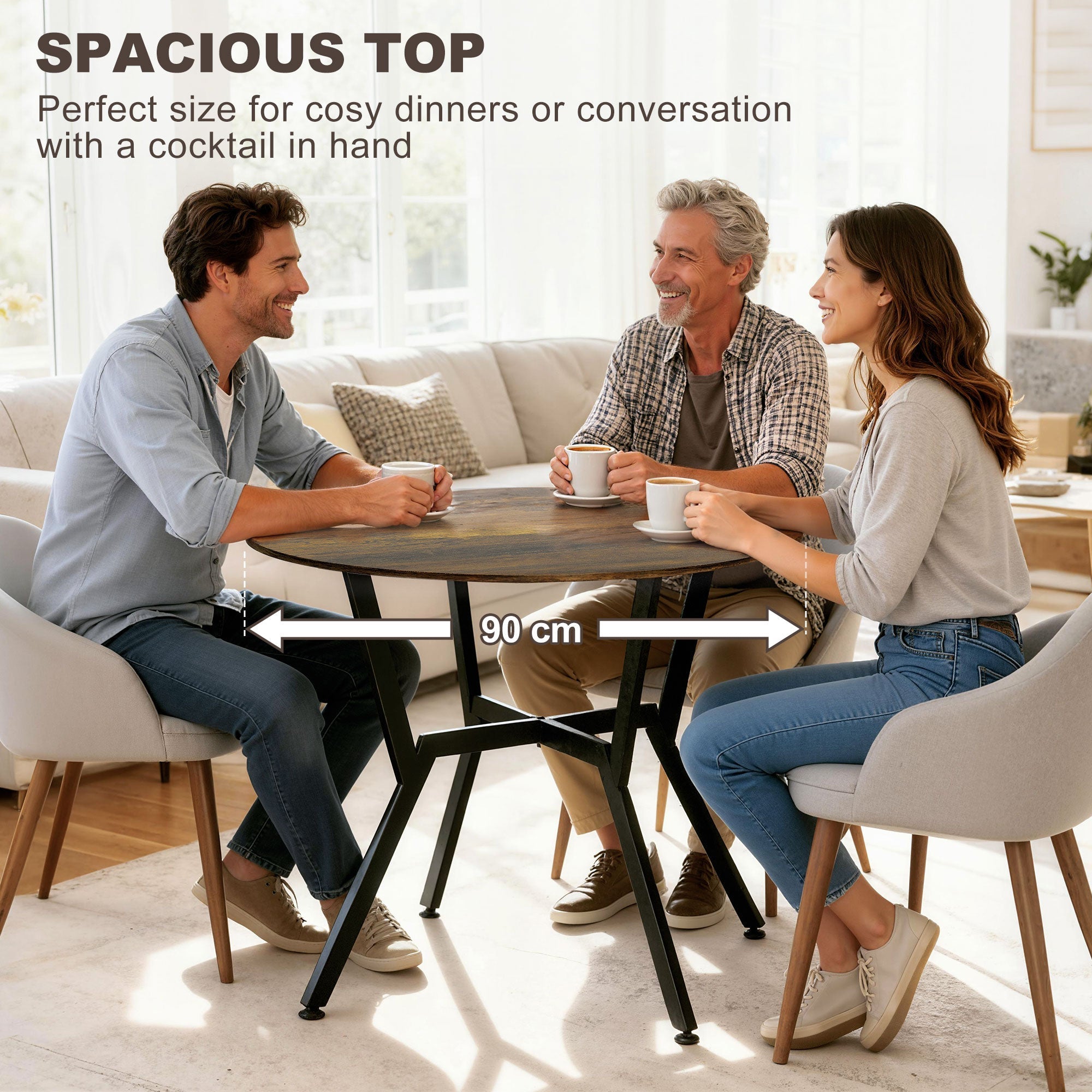 Homcom dining table round wood-effect table with black metal legs and anti-slip foot pads in rustic brown