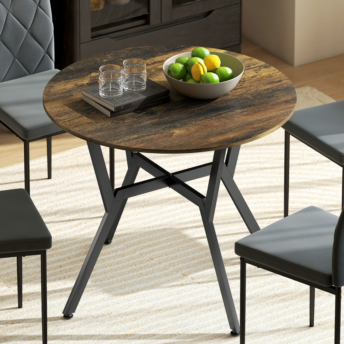Homcom rustic brown wood-effect dining table with black metal legs and anti-slip foot pads for living room or kitchen