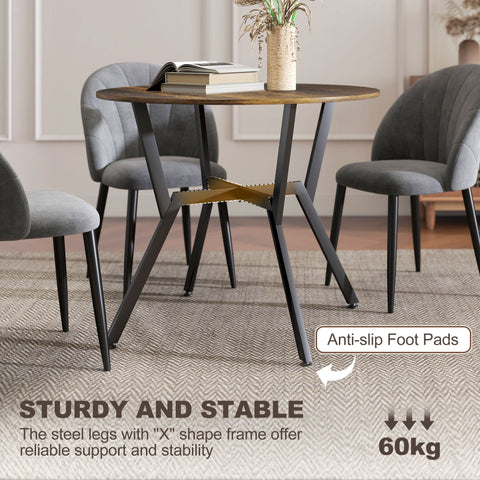 Homcom round wood-effect table with rustic brown top black x-shape legs and anti-slip foot pads for dining room