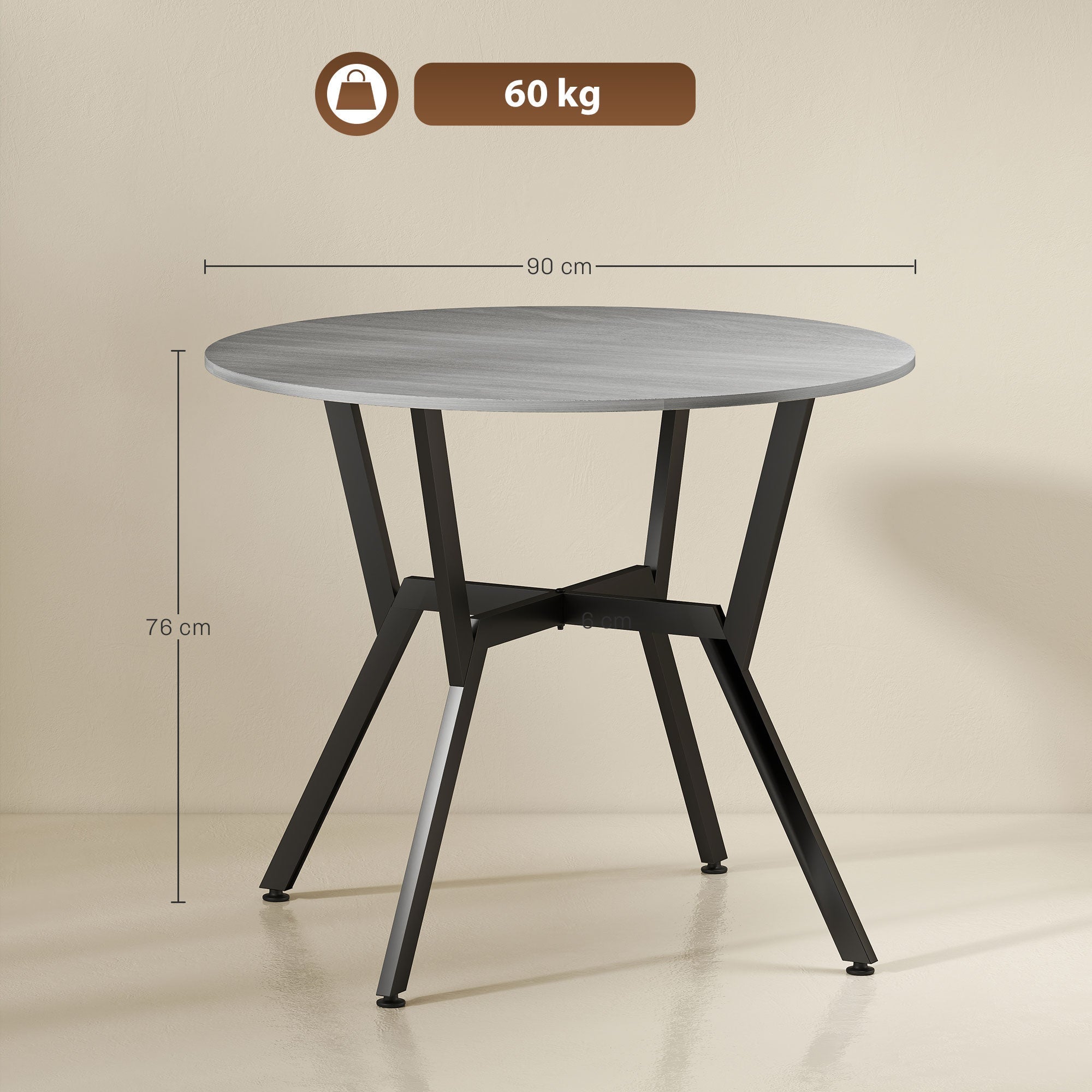 Modern round dining table with gray wood-effect top black legs x-shaped support and anti-slip foot pads for dining room