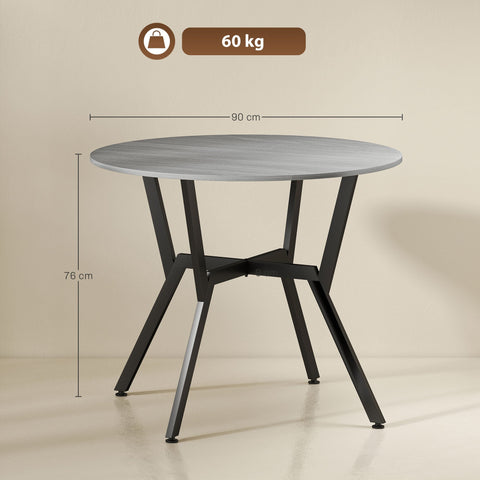 Modern round dining table with gray wood-effect top black legs x-shaped support and anti-slip foot pads for dining room