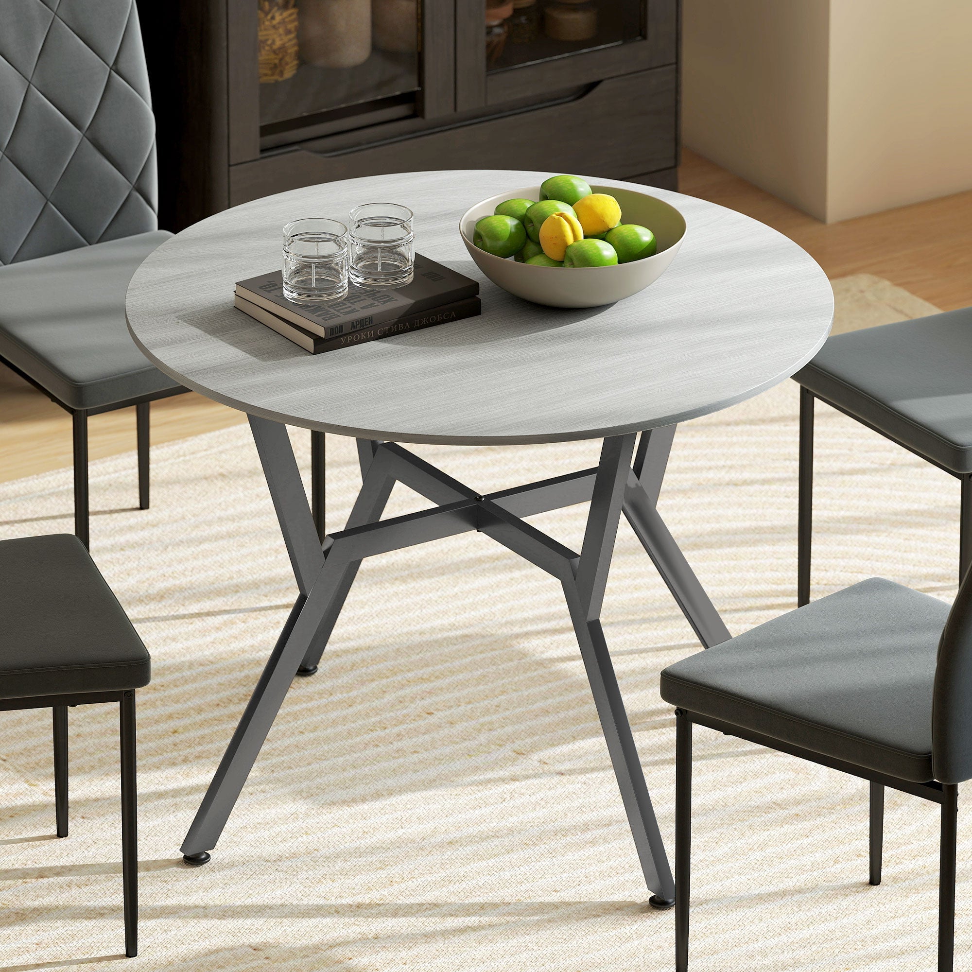 Homcom gray round dining table with wood-effect top and black metal legs with foot pads for kitchen or dining room