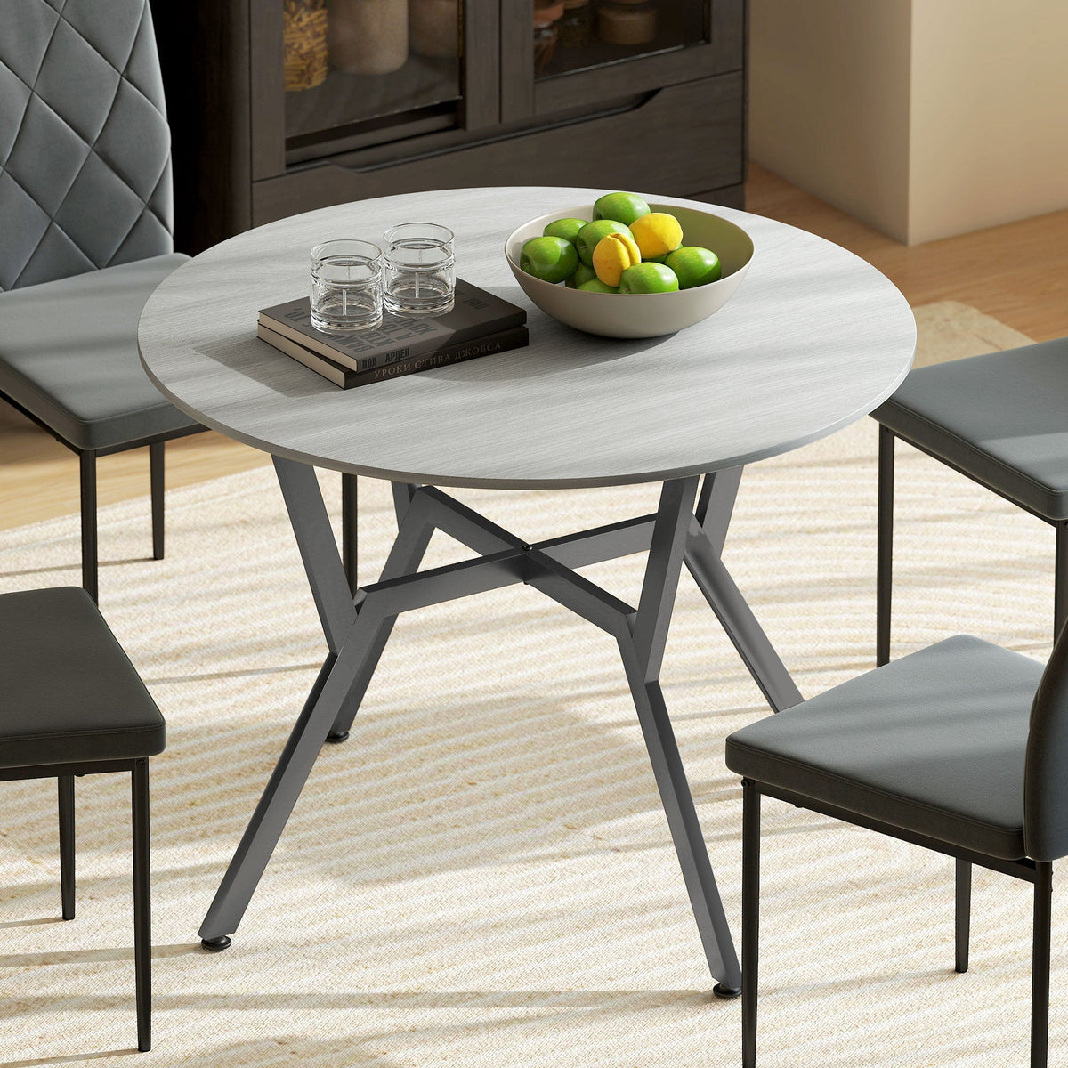 Homcom gray round dining table with wood-effect top and black metal legs with foot pads for kitchen or dining room