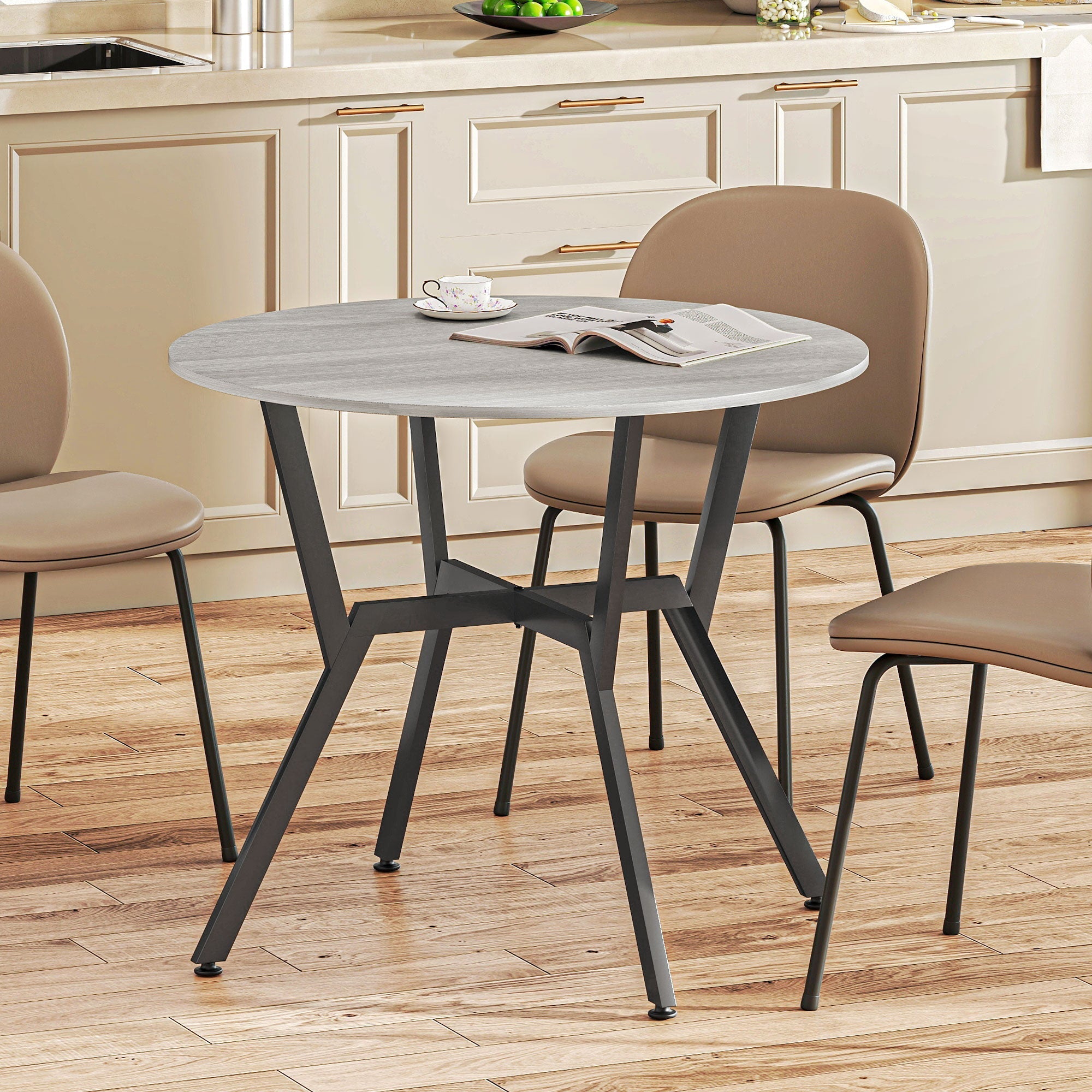 Homcom round dining table with grey marble top black metal legs and anti slip foot pads for kitchen or living room