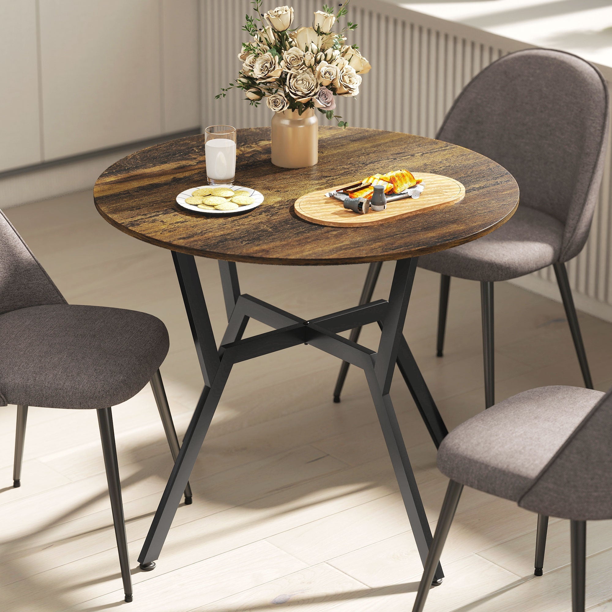 Rustic brown wood-effect dining table with black metal legs and anti-slip foot pads for kitchen or living room