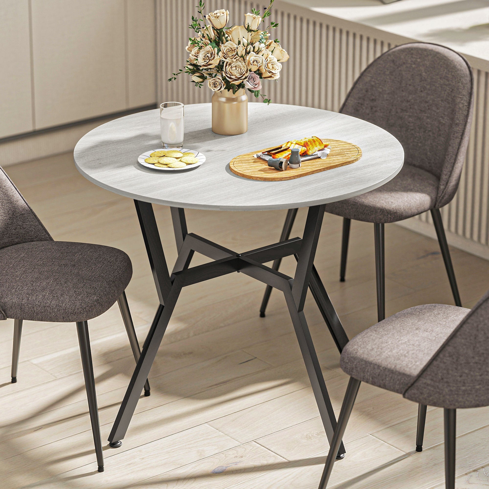 Homcom round dining table with grey marble top black wood-effect legs x-shaped brace and anti-slip foot pads