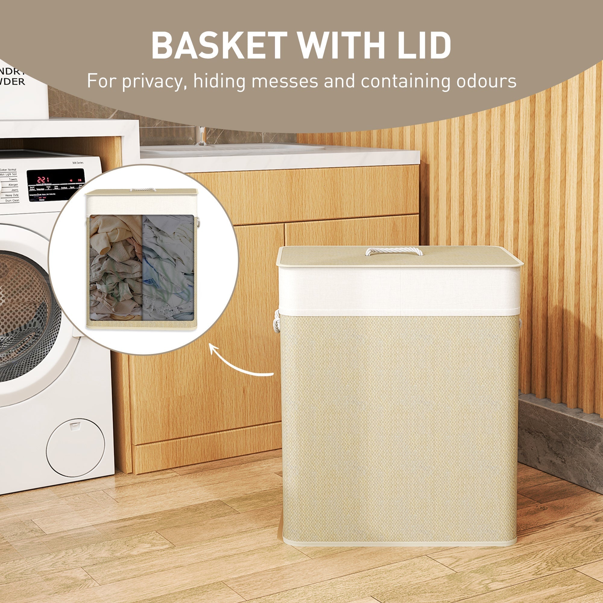 Beige and white homcom double laundry hamper with lid made of woven fabric and rope handles features washable cloth liner