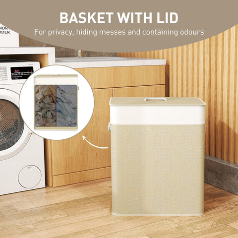 Beige and white homcom double laundry hamper with lid made of woven fabric and rope handles features washable cloth liner