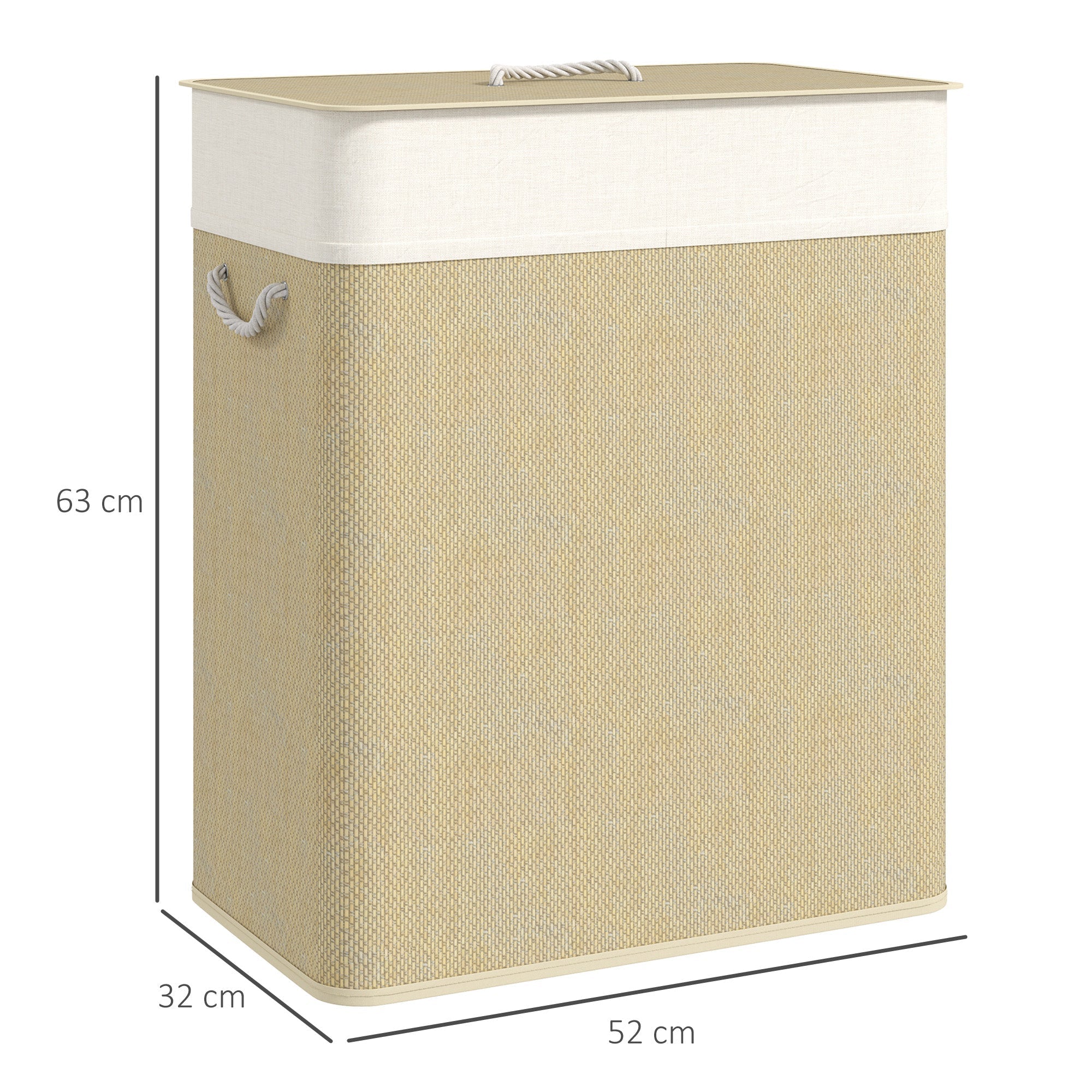 Beige woven fabric laundry hamper with cream lid and rope handles from HOMCOM double laundry basket with washable cloth liner