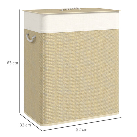 Beige woven fabric laundry hamper with cream lid and rope handles from HOMCOM double laundry basket with washable cloth liner