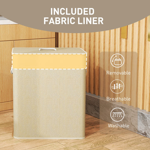 Beige and yellow homcom double laundry hamper with washable cloth liner and bamboo rope handles for clothes storage