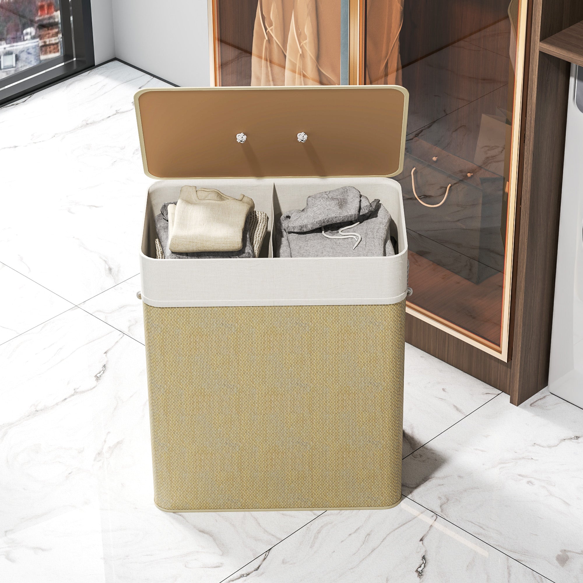 Beige woven fabric laundry hamper with two compartments white rim tan lid washable cloth bags with removable liner
