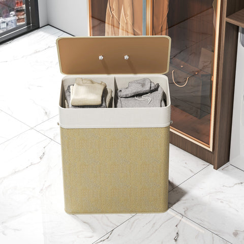Beige woven fabric laundry hamper with two compartments white rim tan lid washable cloth bags with removable liner