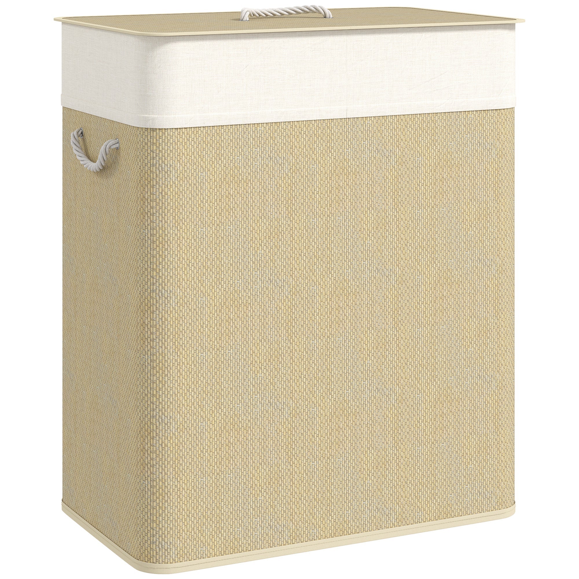 Beige woven fabric laundry hamper with white rope handle and removable liner perfect as washable cloth bags for laundry hamper use