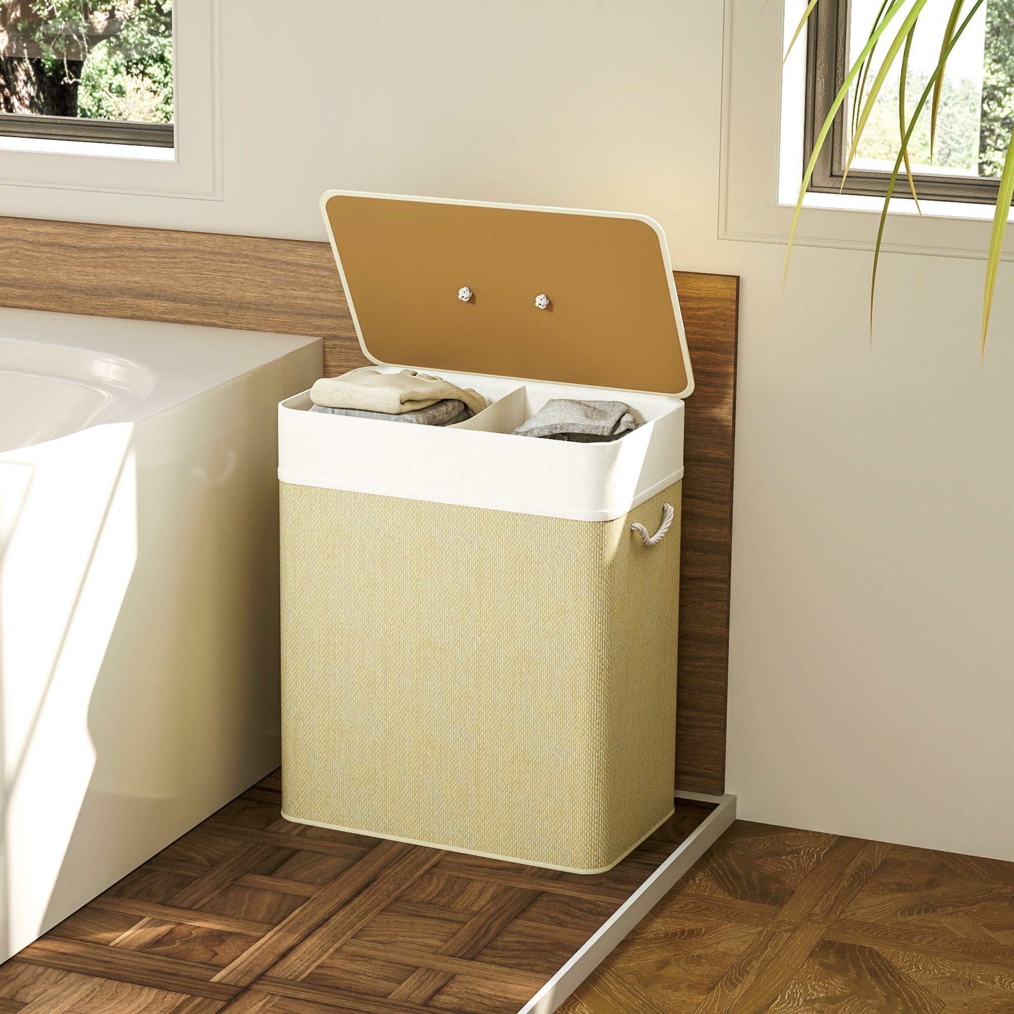 Beige and white homcom laundry hamper with two compartments wooden lid rope handle and washable cloth bags