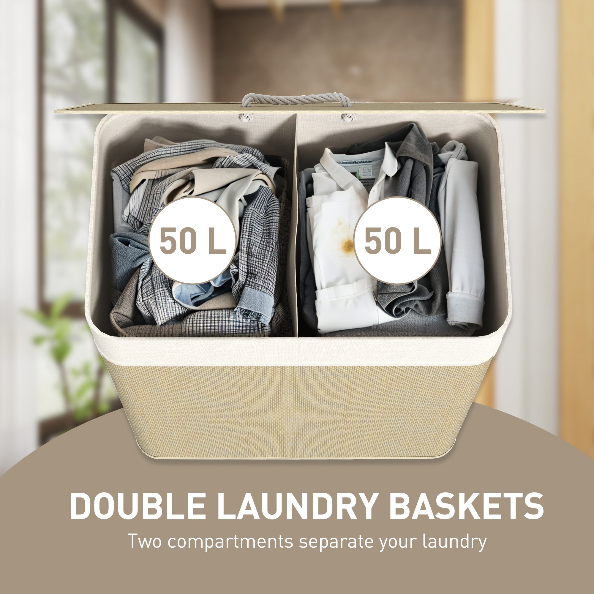 Beige fabric laundry hamper with two 50l compartments and woven handle designed as washable cloth bags for home use
