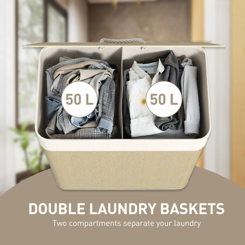 Beige fabric laundry hamper with two 50l compartments and woven handle designed as washable cloth bags for home use