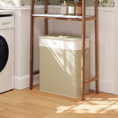 Beige woven fabric laundry hamper with white lid and wooden frame from homcom double laundry basket with washable cloth liner