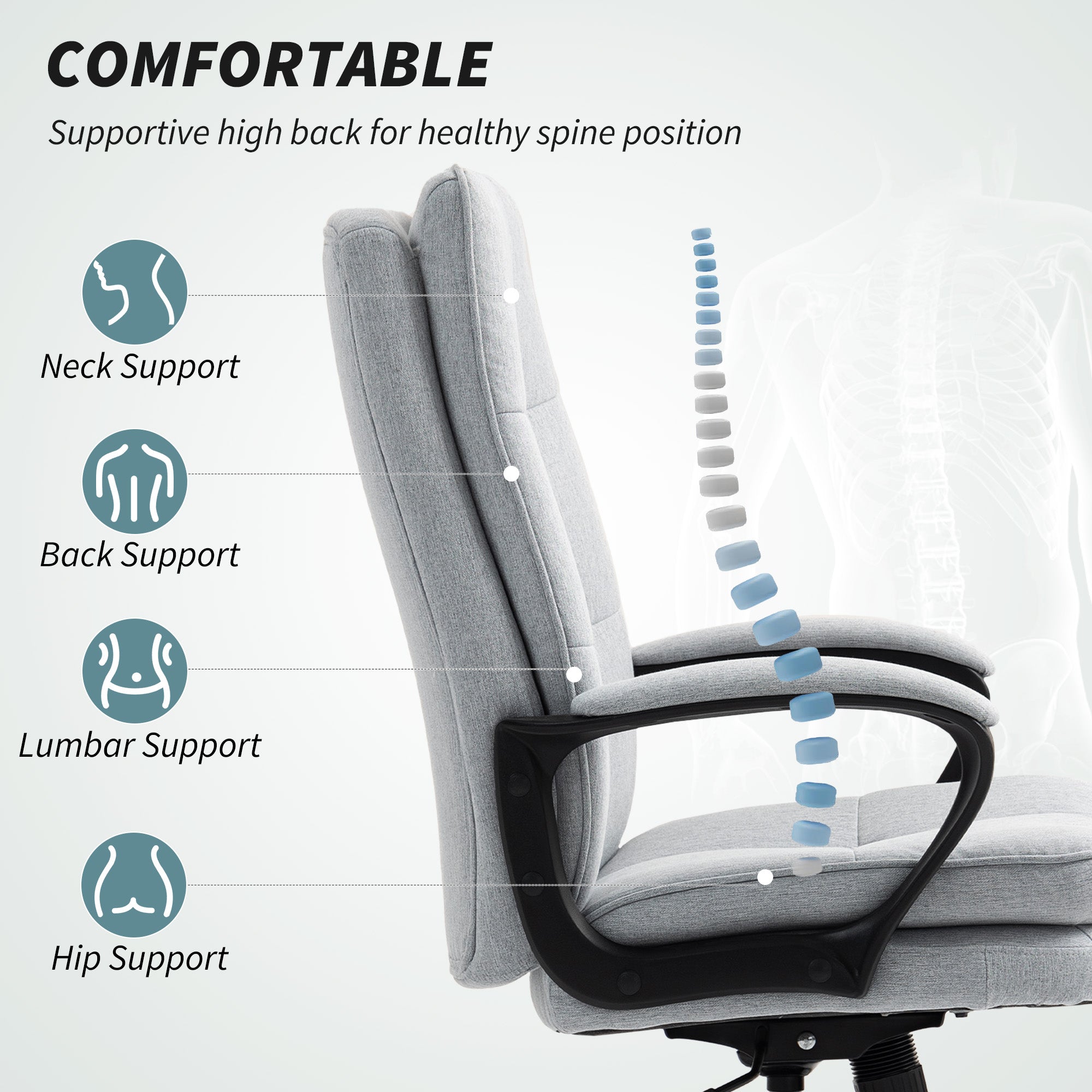 Gray upholstered homcom office chair with double padded linen-look seat five wheels and ergonomic high back design